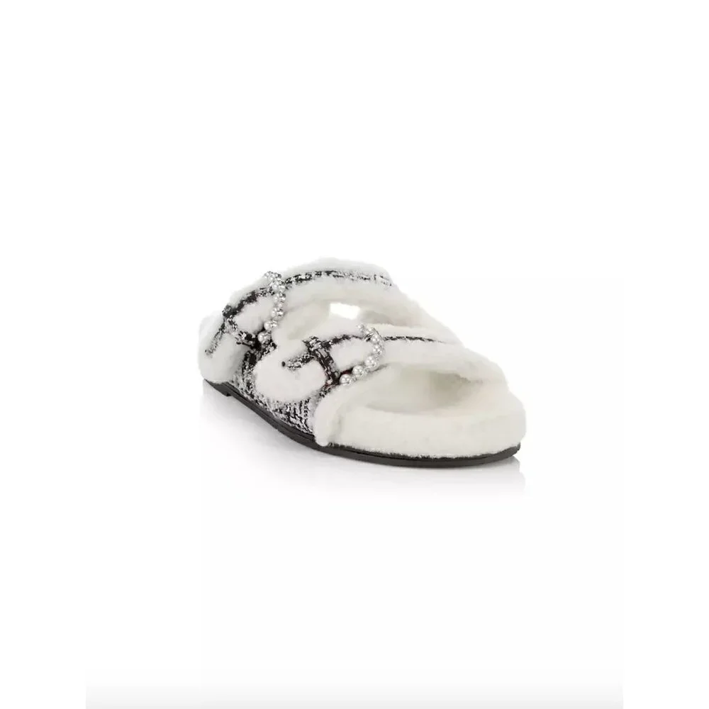 Stuart Weitzman Piper Chill Shearling Lined Tweed Pearl Slides White Black 8